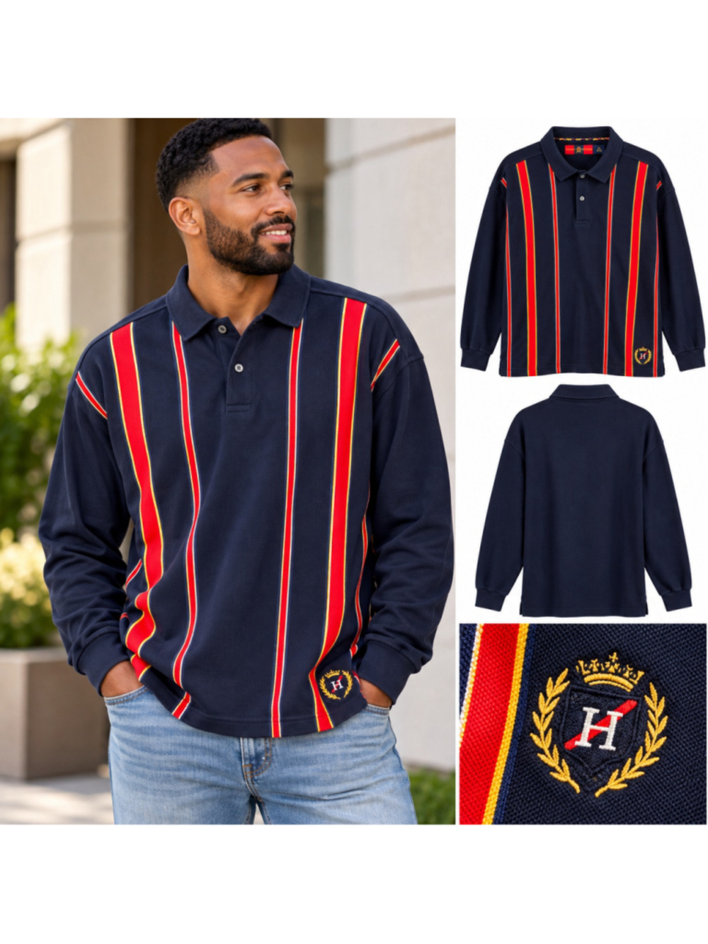 Vintage Tommy Hilfiger XL Navy Red Stripe Long Sleeve Polo Crest